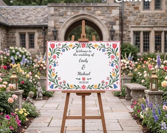 Whimsical Garden Folk Floral  Wedding Entrance Sign, Editable Canva Template, Printable Wedding Welcome Sign, Digital Template N002