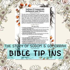 May include: A print detailing the biblical story of Sodom and Gomorrah, with the title "Judgment and Mercy". The design incorporates floral and botanical illustrations. The text includes key points from the story and the words "BIBLE TIP INS".