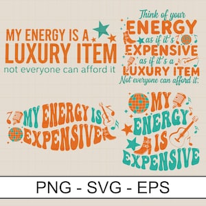 Puede incluir: Un diseño digital con el texto "My energy is a luxury item, not everyone can afford it." El diseño incluye texto naranja y verde azulado, estrellas, una bola de discoteca, un micrófono, una guitarra y botas de vaquero.