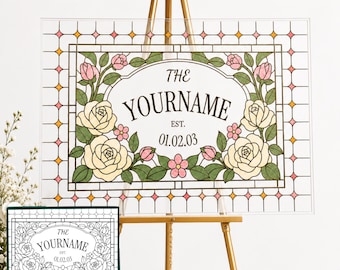 Rose Faux Stained Glass Wedding Sign,Editable Canva Template, DIY Printable Wedding Welcome, Digital Download T001