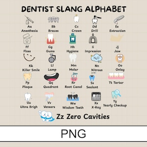 May include: A colorful infographic titled "DENTIST SLANG ALPHABET" features dental terms from A to Z, each with a corresponding illustration. Terms include "Braces," "Crown," "Floss," "Gums," "Molar," and "X-Ray." The PNG file format is displayed at the bottom.
