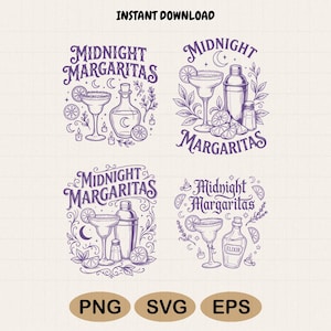 May include: Four purple line art illustrations featuring the text Midnight Margaritas, cocktail glasses, shakers, lime slices, candles, and crescent moons. These digital designs are presented as PNG, SVG, and EPS file formats for instant download.