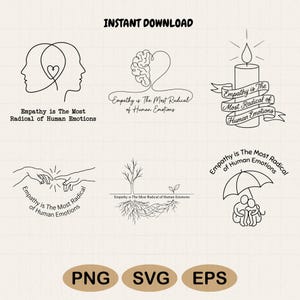 Può includere: Una collezione di sei illustrazioni a linee nere su sfondo a griglia, ognuna con il testo Empathy is The Most Radical of Human Emotions. I disegni includono due profili, un cuore-cervello, una candela, mani che si toccano, un albero e un ombrello.