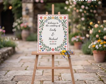 Whimsical Garden Folk Floral  Wedding Entrance Sign , Editable Canva Wedding Board, Printable Wedding Welcome Sign, 2 Name Template  N001