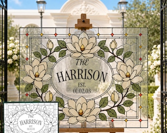 Plantilla de letrero de boda con efecto vitral Magnolia, recuerdo personalizado con apellido, letrero acrílico editable para crear tú mismo en Canva, descarga digital T030