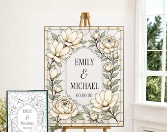 Plantilla de letrero de bienvenida de imitación vidriera Magnolia Peony, lienzo acrílico para trazar DIY Meadow Wedding, número de mesa gratuito T037