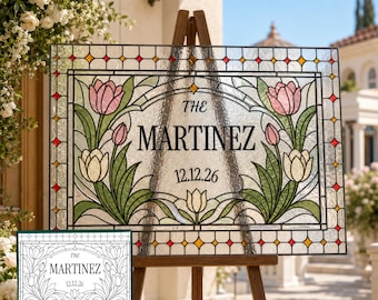Letrero de bienvenida para bodas con diseño de tulipanes en vidriera sintética, con el apellido del destinatario, plantilla editable, letrero acrílico para armar, descarga digital W013