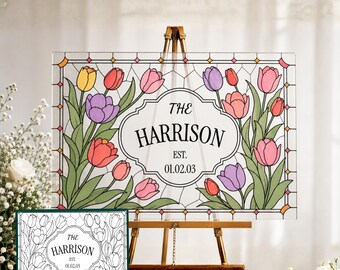 Plantilla de letrero de boda con diseño de vidriera sintética de tulipán, plantilla editable de Canva, letrero de bienvenida de boda imprimible para hacer tú mismo, plantilla digital T038