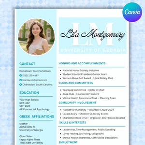 Blue Sorority Rush Resume And Cover Letter Template | Editable Canva Design with Photo | Sorority Recruitment Packet | Digital Download