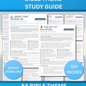 May include: A Bible study guide with the title "Bible Theme Study Guide" and the text "Grace That Covers Me." The guide includes sections on salvation, key principles, and a 5x7 inches size indicator. The background is white with blue accents.