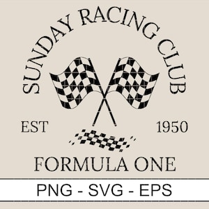 Könnte beinhalten: Schwarz-weißes Logo für den Sunday Racing Club, gegründet 1950. Das Logo zeigt zwei gekreuzte karierte Flaggen und den Text "Formel 1".