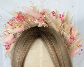 Pink pampas dried flower headband, boho wedding flowers, bride headband, hair accessories, tiara, pampas, pink babys breath