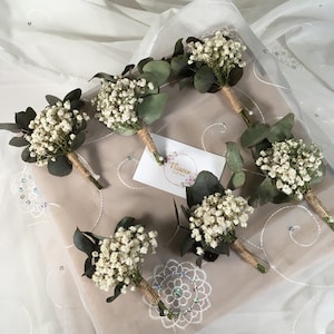 Baby’s breath and Eucalyptus buttonholes, gypsophila, wedding boutonnières, groom buttonhole, best man buttonhole, dried flowers
