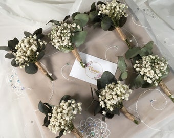 Baby’s breath and Eucalyptus buttonholes, wedding flowers, groom buttonhole, best man buttonhole, boutonnière, dried flowers