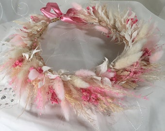 Pampas and pink baby’s breath flower crown , dried flowers, wedding flowers, brides headdress , bridesmaid flower crown