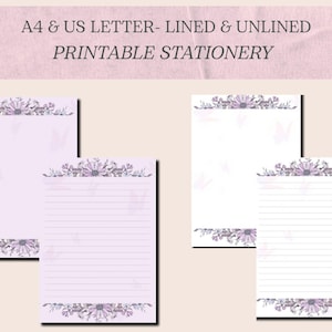 Printable Floral Stationery, Digital Download PDF, Letter Writing Paper, Note Paper, Unlined Paper, Lined Paper, A4 size, US Letter size