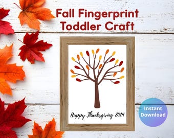 May include: Printable Thanksgiving craft for toddlers. A framed image of a tree with brown branches and leaves in shades of red, orange, and yellow. The text "Happy Thanksgiving 2024" is printed below the tree.