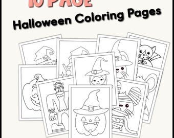 May include: Ten black and white Halloween coloring pages featuring various characters including a witch, a pumpkin, a Frankenstein, a mummy, and a cat. The pages are arranged in a pile with the text "10 PAGE Halloween Coloring Pages" at the top.