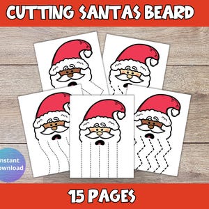 May include: A collection of white paper sheets featuring Santa Claus faces with red hats and white beards. The text "CUTTING SANTAS BEARD" is at the top, and "15 PAGES" is at the bottom. The image has an "Instant Download" badge.