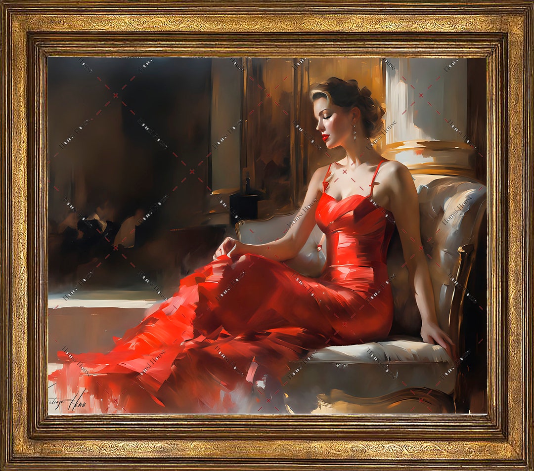 The Lady in Red Wall Art Oil Painting Vintage Décor PRINTABLE Digital