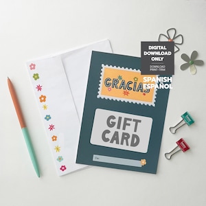 May include: Printable gift card template featuring a blue background, a white gift card rectangle, and a yellow stamp with the word "Gracias" in Spanish. The text "Spanish/Español" is also included. The template is decorated with colourful flowers.