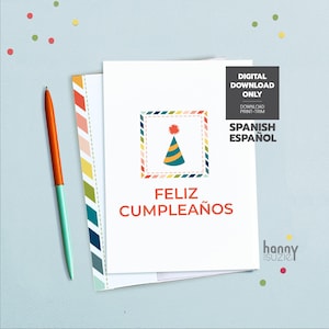 Tarjeta Feliz Cumpleaños para imprimir, cartão espanhol para impressão de chapéu de feliz aniversário, download instantâneo