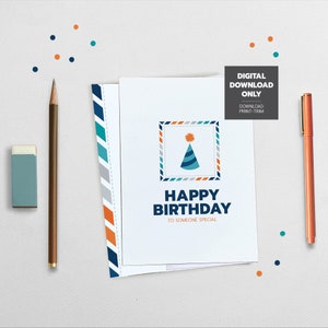 Tarjeta de cumpleaños imprimible con sombrero, tarjeta de feliz cumpleaños, tarjeta de cumpleaños, tarjeta de cumpleaños azul, tarjeta imprimible, descarga instantánea en PDF