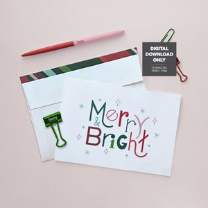 Printable Merry & Bright Card, Merry Christmas Card, Instant Download, Card Template