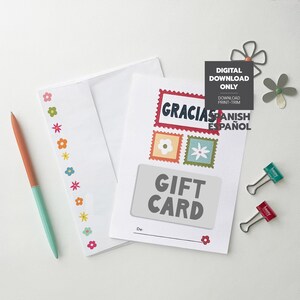 May include: Printable gift card template with a colorful floral design. The card says "Gracias" in Spanish and "Gift Card" in black text. The template is a digital download, print-trim, and ready to use.