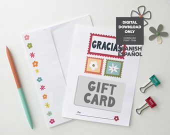 Spanish Printable Thank You Gift Card Holder, Tarjeta de Gracias Imprimible para certificado de regalo, Instant Download