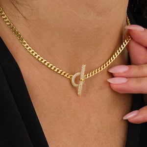 Handmade Gold T Bar Choker Gold Necklace , Chunky Flat Curb Chain Necklace • Toggle Clasp Thick Necklace •  Gift For Her •  Curb Link Chain