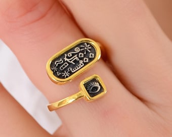 Gold Viking Compass Sterling Silver Adjustable Ring, Evil Eye