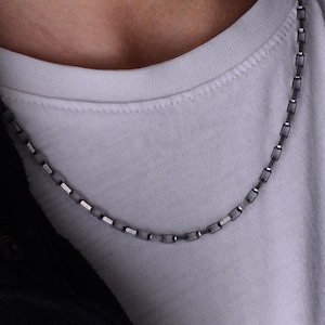 Men&#39;s Black Sterling Silver Box Chain Necklace With Matte And Polished Finish, Modern Minimalist Jewelry, Perfect Gift For Stylish Gentlemen