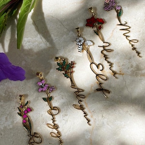 Collar con nombre personalizado y flor de nacimiento, collar floral personalizado, regalo del Día de la Madre, regalo para ella/mamá, regalos conmemorativos para damas de honor