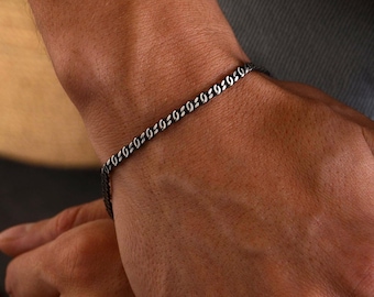 Pulsera de cadena de plata de ley oxidada - Eslabón texturizado hecho a mano, joyería para hombre