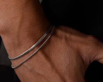 Sterling Silver Double Chain Bracelet Set: Snake & Box Chain