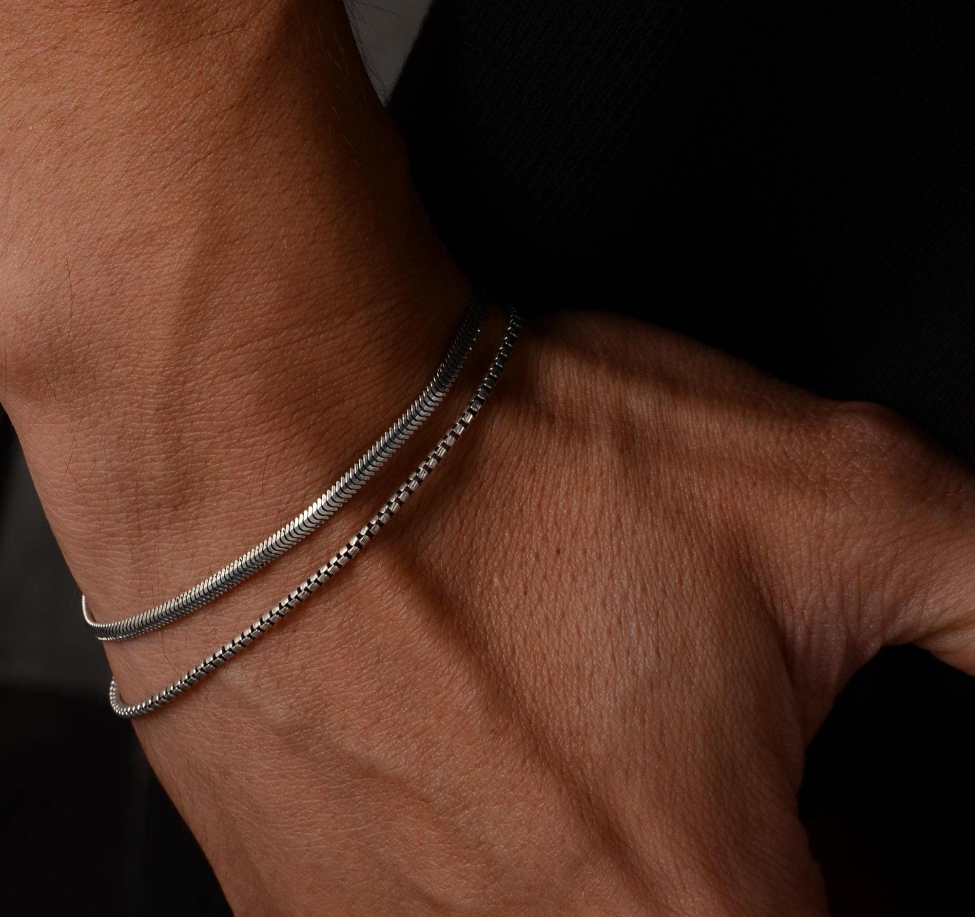 Sterling Silver Double Chain Bracelet Set: Snake & Box Chain - Etsy UK