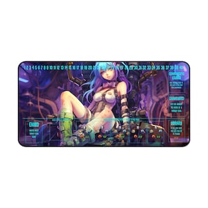 May include: A purple and blue anime-style illustration of a woman sitting on a chair with a futuristic design. The image is a playmat for a card game with a grid of 40 squares and labels for "Exiled", "Commanders Lounge", "Graveyard", and "Library".