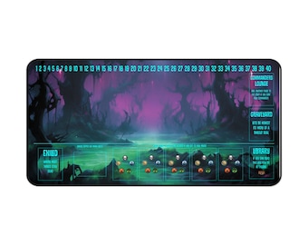 May include: A green and black playmat with a fantasy forest scene. The playmat has a grid of 40 squares, labeled 1 through 40. There are also sections for "Exiled", "Commanders Lounge", "Graveyard", and "Library".