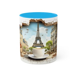 3D Paris Coffee Cup in a Trompe L&#39;oeil Style, Mug, 11oz, Great Gift for Him, Great Gift for Her, Two-Tone Coffee Mugs