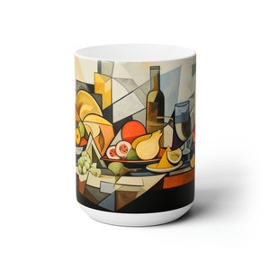 Kubismus Kunst Keramikbecher, 15 Unzen, Erhöhen Sie Ihr Kaffee- oder Teeerlebnis mit unserem Kubismus Kunst Weiß Keramikbecher, Geschenk für Sie und Ihn