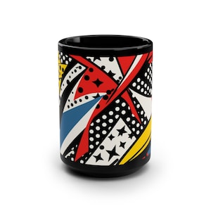 Immerse Yourself in Abstract Artistry: 15oz Black Mug Featuring a Roy Lichtenstein Minimalist Painting - Gift for Him or Her