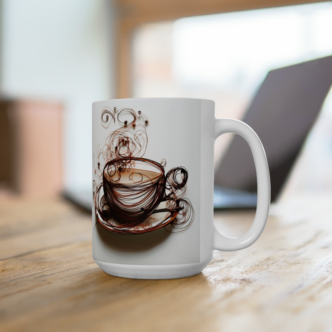 Wire Art Coffee Mug - 15oz Ceramic Cup, Stylish Coffee Lover Gift