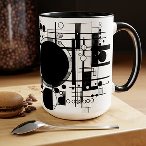 Embrace Avant-Garde Elegance: Two-Tone Coffee Mugs with Mesmerizing Suprematism Art Style - 15oz, Customizable Colors - Gift for Him or Her