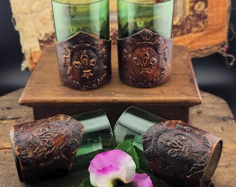 Vintage Green Glass Offering Cup – Ritual Chalice with Aged Leather & Fleur-de-Lis Symbol