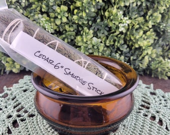 Vintage Amber Glass Ramekin Smudge Pot with Cedar Smudge Stick - Spiritual Cleansing and Purification Ritual