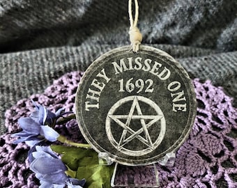 Salem 1692 Witch Ornament | Distressed Pentacle Decor, Gothic Hanging Sign