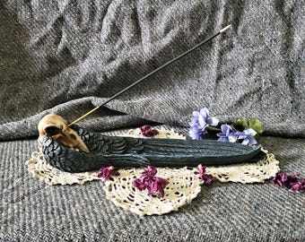 Raven Skull Incense Burner | Gothic Crow Altar Decor, Witchy Home Accent