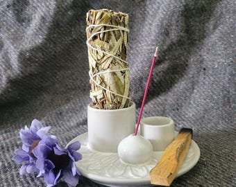 White Ceramic Palo Santo Holder, Incense & Sage Burner, Spiritual Cleansing Ash Catcher
