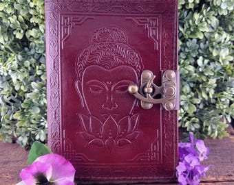 Buddha & Lotus Flower Embossed Leather Journal – Handmade Parchment Paper – 5x7”